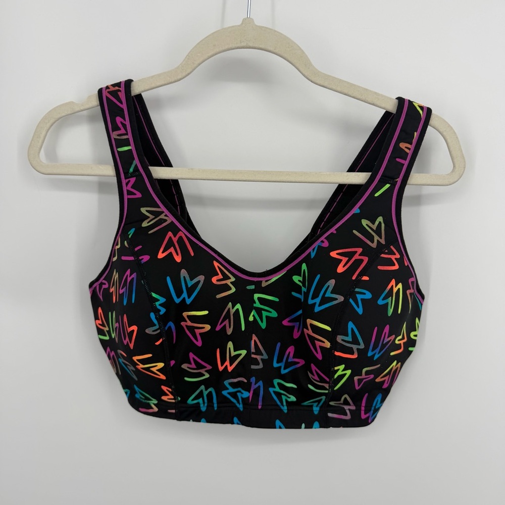Cacique brand underwire sports‎ bra colorful neon hearts pattern sz 38DDD